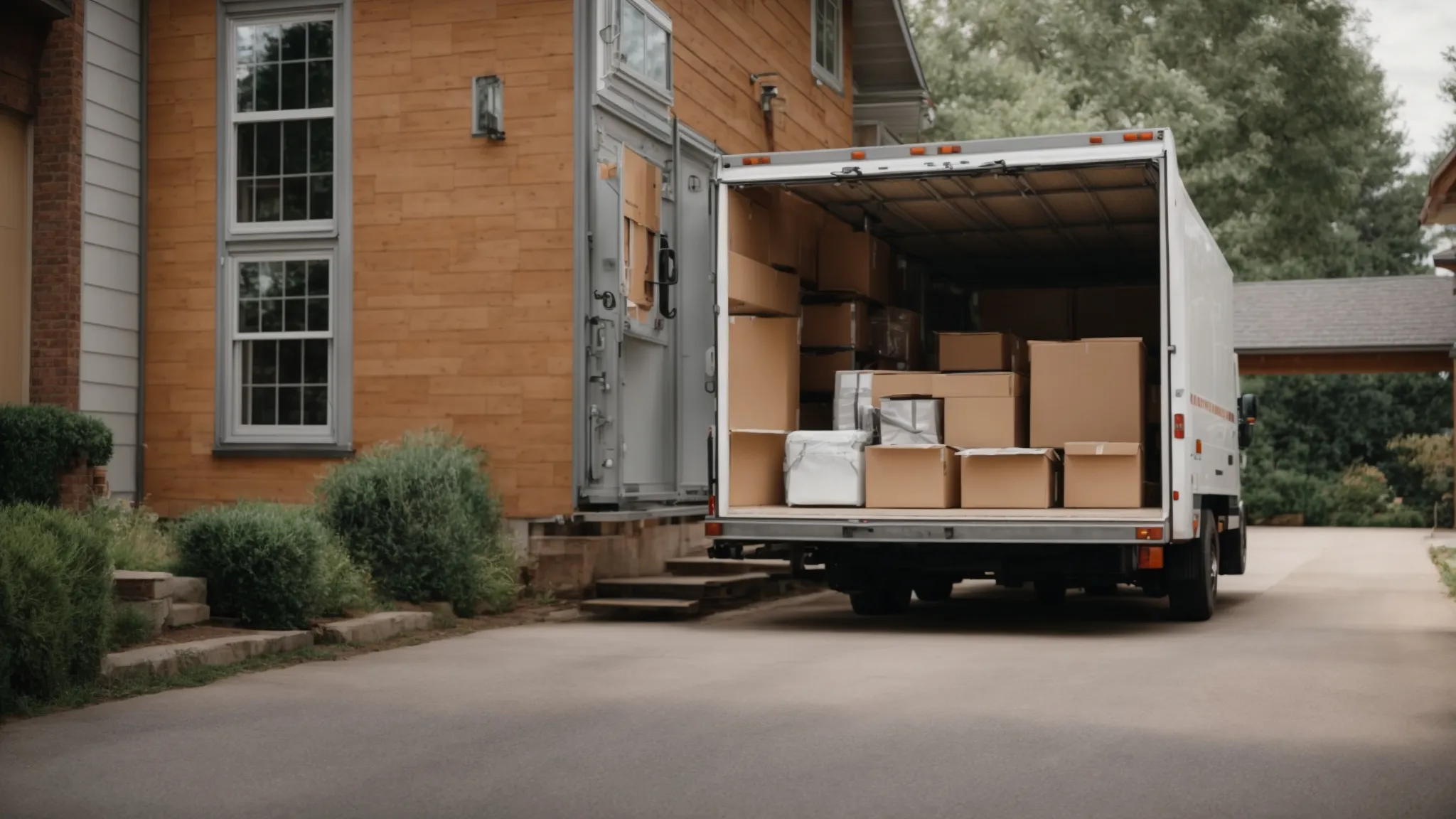 a spacious, well-organized moving truck is parked in front of a house, its rear doors open revealing a neatly arranged interior ready to be loaded with boxes and furniture.